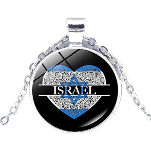 Cernomal Israelische Nationalflaggen-Anhänger-Halskette – Patriotisches Rundes Herz, Glas-Cabochon-Charm-Halskette, Ich Stehe Mit Israel Für Damen Und Herren, Schmuckzubehör, Wie Abge von Cernomal