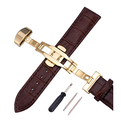 12mm-24mm Männer Frauen Uhrenarmbänder Alligator Textur Echtlederband Push-Haken Uhren Zubehör Gold Buckle Kaffee, 20mm von Cerobit