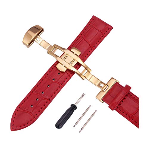 12mm-24mm Männer Frauen Uhrenarmbänder Alligator Textur Echtlederband Push-Haken Uhren Zubehör Gold Buckle Red, 14mm von Cerobit