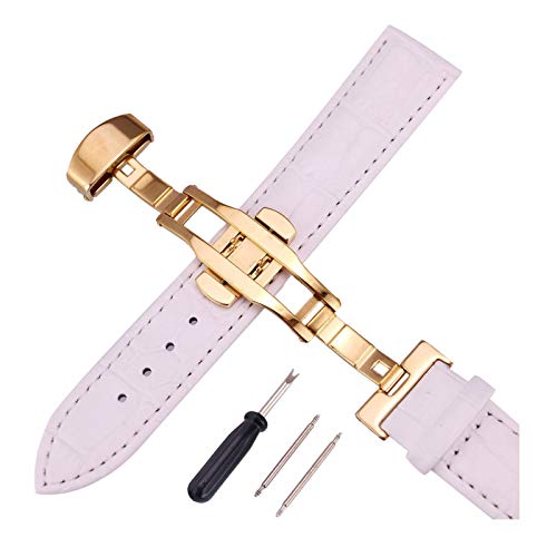 12mm-24mm Männer Frauen Uhrenarmbänder Alligator Textur Echtlederband Push-Haken Uhren Zubehör Gold Buckle Weiß, 12mm von Cerobit