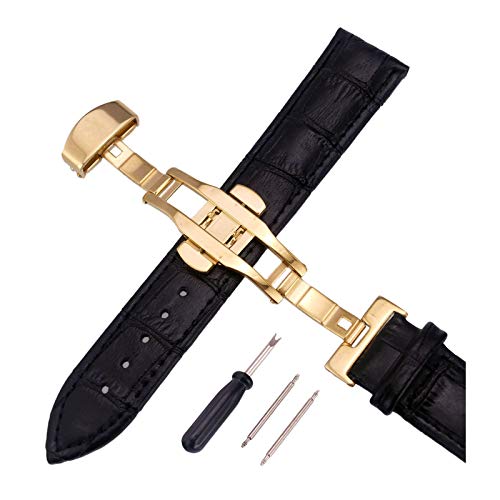 12mm-24mm Männer Frauen Uhrenarmbänder Alligator Textur Echtlederband Push-Haken Uhren Zubehör Gold Schnalle Schwarz, 14mm von Cerobit