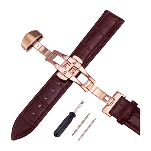 12mm-24mm Männer Frauen Uhrenarmbänder Alligator Textur Echtlederband Push-Haken Uhren Zubehör Roségold Buckle Kaffee, 12mm von Cerobit