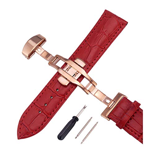 12mm-24mm Männer Frauen Uhrenarmbänder Alligator Textur Echtlederband Push-Haken Uhren Zubehör Roségold Buckle Red, 12mm von Cerobit