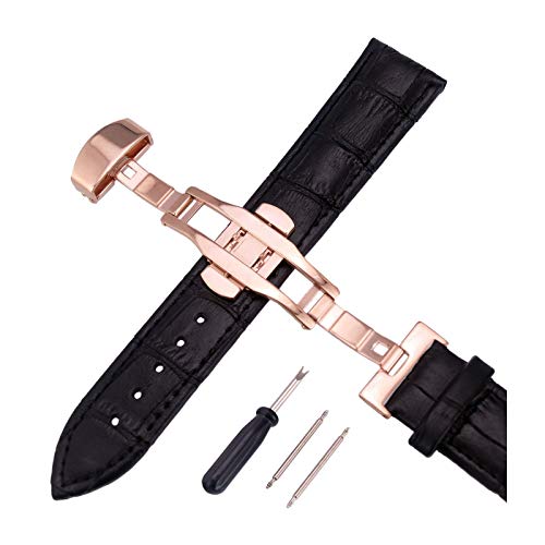 12mm-24mm Männer Frauen Uhrenarmbänder Alligator Textur Echtlederband Push-Haken Uhren Zubehör Rosegold Schnalle Schwarz, 14mm von Cerobit