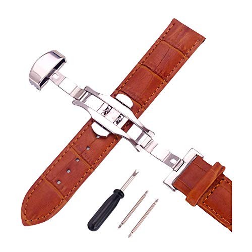 12mm-24mm Männer Frauen Uhrenarmbänder Alligator Textur Echtlederband Push-Haken Uhren Zubehör Silver Buckle Brown, 16mm von Cerobit