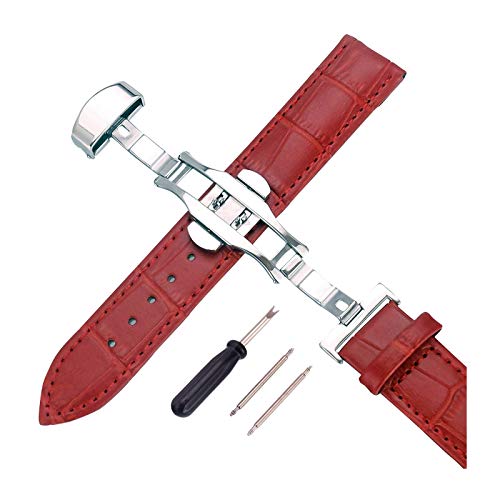 12mm-24mm Männer Frauen Uhrenarmbänder Alligator Textur Echtlederband Push-Haken Uhren Zubehör Silver Buckle Red, 12mm von Cerobit