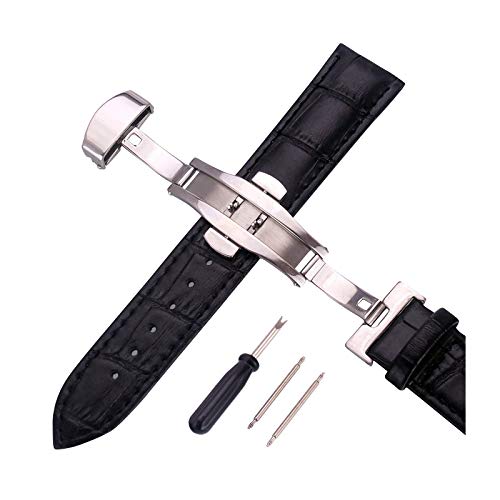 12mm-24mm Männer Frauen Uhrenarmbänder Alligator Textur Echtlederband Push-Haken Uhren Zubehör Silver Buckle Schwarz, 12mm von Cerobit