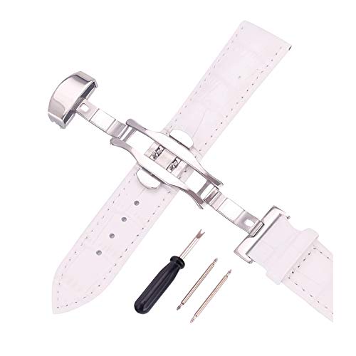 12mm-24mm Männer Frauen Uhrenarmbänder Alligator Textur Echtlederband Push-Haken Uhren Zubehör Silver Buckle Weiß, 12mm von Cerobit