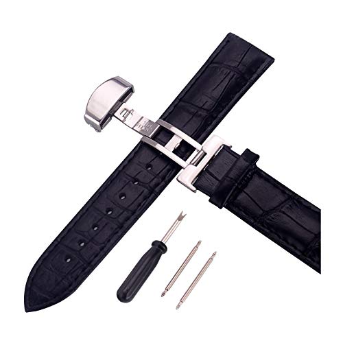 14.12/16/18/20/22/24mm Männer Frauen Armband Lederarmband Alligator Grain Faltschließe Uhrenarmband mit Werkzeug und Pin Schwarz, 22mm von Cerobit