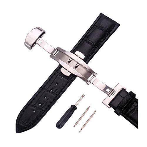 14.12/16/18/20/22/24mm Männer Frauen Armband Lederarmband Alligator Grain Push-Verschluss-Uhrenarmband mit Werkzeug und Pins Schwarz, 22mm von Cerobit