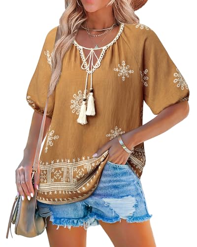 Cerrlop Bluse Damen Shirt Boho: Blumendruck Lose Hemd Damen - Urlaub Bluse Sommer Kurzarm - Bohemian Blusenshirt Sommer - Boho Bestickte Bluse von Cerrlop
