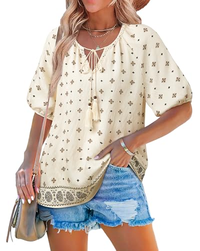 Cerrlop Bluse Damen Sommer Boho: Halbarm V-Ausschnitt Shirt - Bluse Damen Sommer Große Größen - Boho Bluse Weiß - Leinenbluse Sommer Strandurlaub Cerrlop Bluse Damen Sommer Boho: Halbarm V-Ausschnitt Shirt - Bluse Damen Sommer Große Größen - Boho Bluse Weiß - Leinenbluse Sommer Strandurlaub von Cerrlop