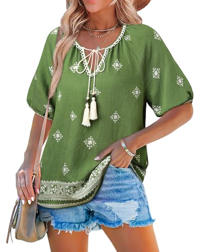 Cerrlop Bohemian Bluse Sommer Kurzarm: Bluse Mit Raglanärmel Damen - Sommerbluse Damen Strandurlaub - V-Ausschnitt Bluse Kurzarm Freizeiturlaub von Cerrlop