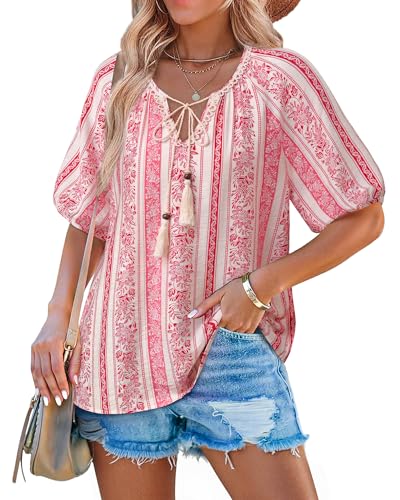 Cerrlop Bohemian Tunika Damen Sommer: Sommerblusen Damen Leicht und Luftig - Tunika Boho Style - Hawaii Bluse Baumwolle - Bohemian Bluse Kurzarm von Cerrlop