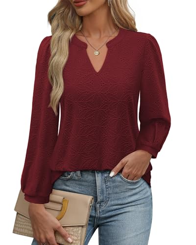 Cerrlop Langarm Lochstickerei Bluse Damen: Business Bluse Bügelfrei Elegant Arbeitsbluse - Locker Doppellagige Atmungsaktiv Tunika Shirt - Festliche Formal Abendbluse - V-Ausschnitt Leicht Damenshirt von Cerrlop