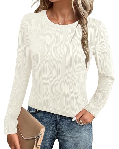 Cerrlop Round Neck Top Damen: Lässiger Dünner Wellenmustert Tops Damen - Langarm Tshirt Damen Große Größen - Einfarbig Sweatshirt Für Frauen Weiß XXL von Cerrlop