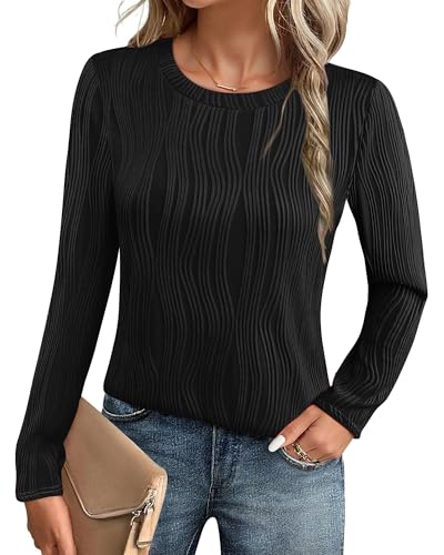 Cerrlop Texturierte Slim Fit Oberteile: Dünner Pullover Runde Ausschnitt - Einfarbiger Wellenmustert Tops Damen - Herbst Pullover Damen für Arbeit von Cerrlop