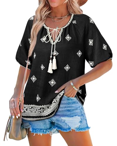 Cerrlop Tunika Kurzarm Sommer Boho: Lässige Bluse Damen Kurzarm - Folklore Bluse Sommer Damen Stickerei - 3/4 Ärmel V-Ausschnitt Tunika Sommer von Cerrlop