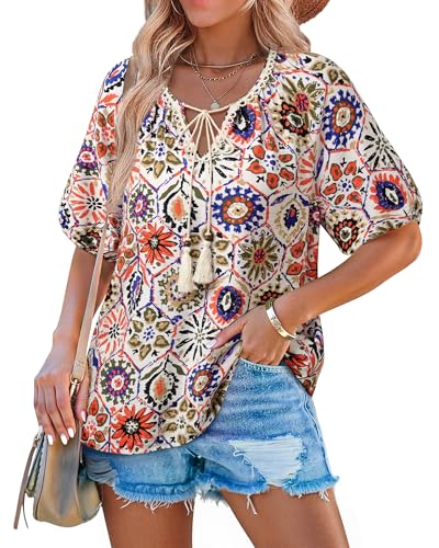 Cerrlop Urlaub Bluse Kurzarm Sommer: Bohemian Oberteile Sommer Urlaub - Boho Tunika Damen Große Größen - Lässiges Blusenshirt für Strandurlaub Cerrlop Urlaub Bluse Kurzarm Sommer: Bohemian Oberteile Sommer Urlaub - Boho Tunika Damen Große Größen - Lässiges Blusenshirt für Strandurlaub von Cerrlop