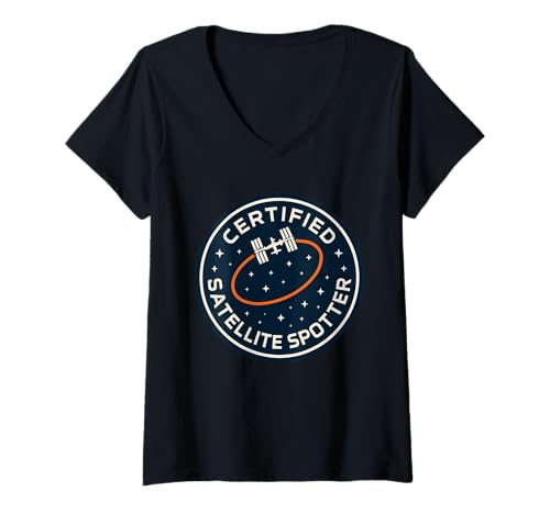 Damen Satellitenspotter Amateur Astronomie Satellitenverfolgung T-Shirt mit V-Ausschnitt Damen Satellitenspotter Amateur Astronomie Satellitenverfolgung T-Shirt mit V-Ausschnitt von Certified Satellite Chaser Spotting Eyes Gift