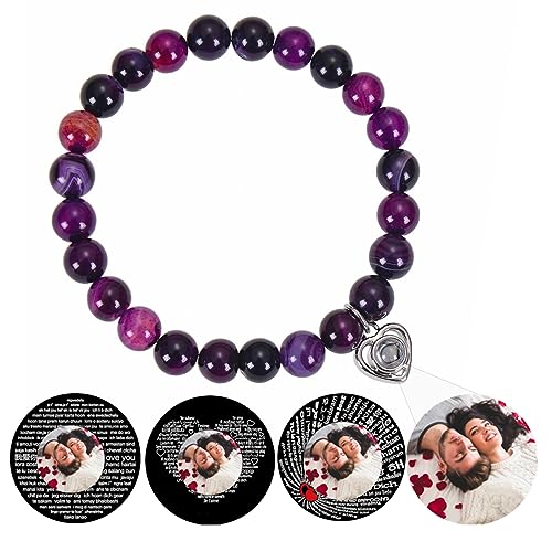 Certykllp Benutzerdefinierte Perlen Armbänder mit Bild im Inneren personalisierte Foto Projektion Armbänder angepasst Foto Naturstein Armband für Paare Frauen Männer Jahrestag Geburtstag Geschenke von Certykllp