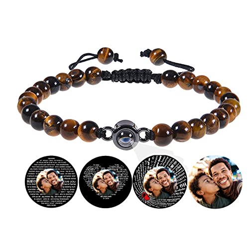 Certykllp Personalisierte Tigerauge Perlen Foto Projektion Armband für Frauen Männer benutzerdefinierte Armbänder mit Bild im Inneren personalisierte Geschenke für Papa Ehemann Boyfriend von Certykllp