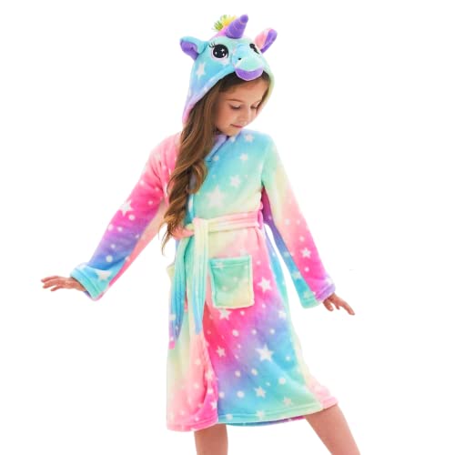 Ceruwum Einhorn Bademantel für Mädchen Weich Fleece Morgenmäntel mit Kapuze (Rosa/Blau, 6-7 Jahre) von Ceruwum