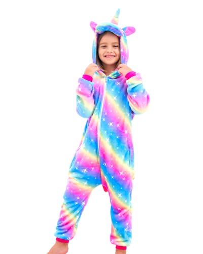 Ceruwum Einhorn Schlafoveralls für Mädchen Fleece Schlafanzug Einhorn Strampelanzug Onesie (Regenbogen, 4-5 Jahre) von Ceruwum