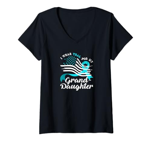 Damen American Flag Wear in Blaugrün für Gebärmutterhalskrebs meiner Enkelin T-Shirt mit V-Ausschnitt von Cervical Cancer Awareness Apparel Gifts Gift Ideas