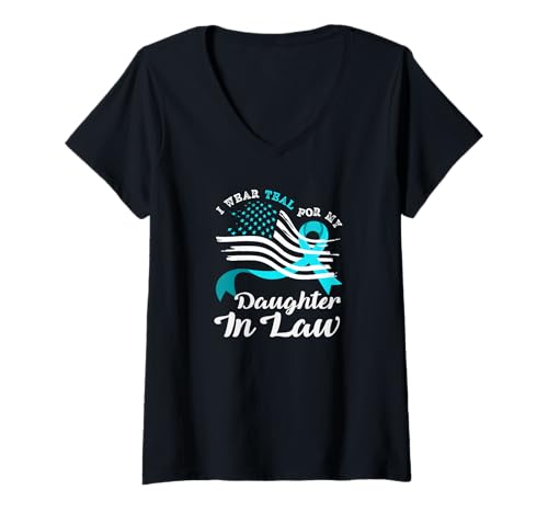 Damen Amerikanische Flagge Blaugrün für Meine Schwiegertochter Gebärmutterhalskrebs T-Shirt mit V-Ausschnitt von Cervical Cancer Awareness Apparel Gifts Gift Ideas