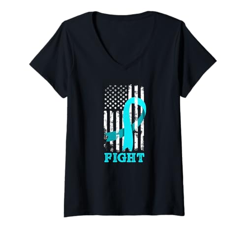 Damen Bandunterstützung für Gebärmutterhalskrebs, Blaugrün T-Shirt mit V-Ausschnitt von Cervical Cancer Awareness Apparel Gifts Gift Ideas