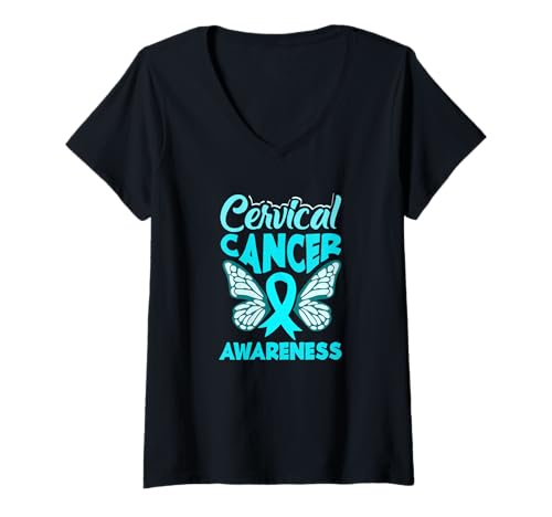 Damen Bandunterstützung für Gebärmutterhalskrebs, Blaugrün T-Shirt mit V-Ausschnitt von Cervical Cancer Awareness Apparel Gifts Gift Ideas
