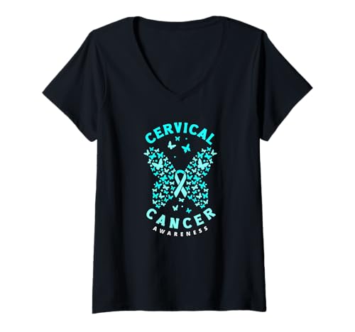 Damen Bandunterstützung für Gebärmutterhalskrebs, Blaugrün T-Shirt mit V-Ausschnitt von Cervical Cancer Awareness Apparel Gifts Gift Ideas