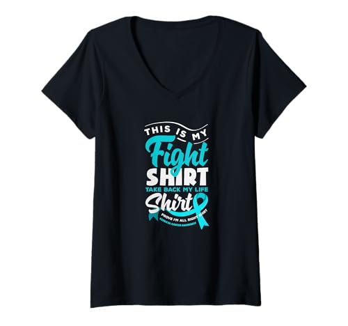 Damen Bandunterstützung für Gebärmutterhalskrebs, Blaugrün T-Shirt mit V-Ausschnitt von Cervical Cancer Awareness Apparel Gifts Gift Ideas