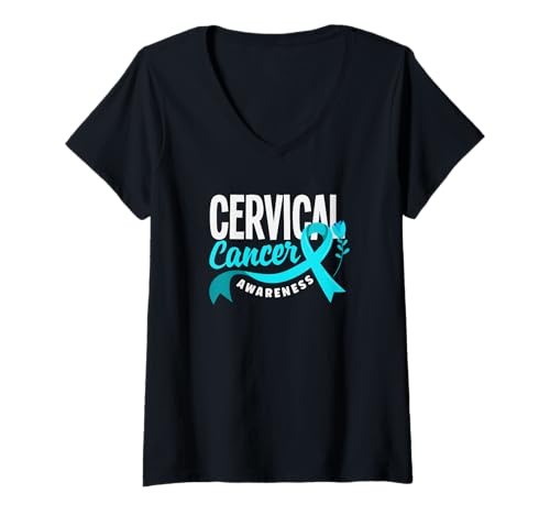 Damen Bandunterstützung für Gebärmutterhalskrebs, Blaugrün T-Shirt mit V-Ausschnitt von Cervical Cancer Awareness Apparel Gifts Gift Ideas