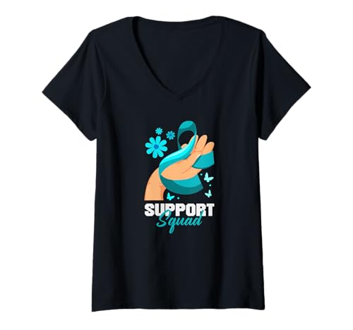 Damen Bandunterstützung für Gebärmutterhalskrebs, Blaugrün T-Shirt mit V-Ausschnitt von Cervical Cancer Awareness Apparel Gifts Gift Ideas