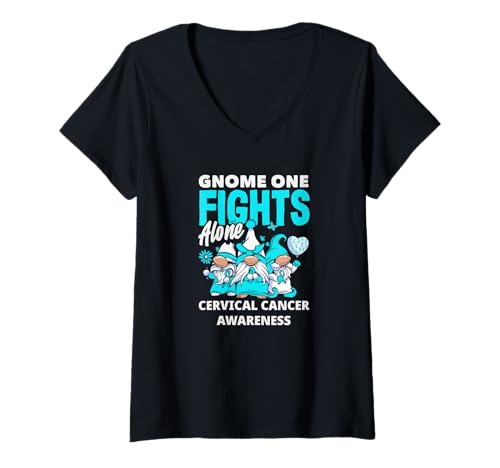 Damen GNOME One kämpft alleine gegen Gebärmutterhalskrebs T-Shirt mit V-Ausschnitt von Cervical Cancer Awareness Apparel Gifts Gift Ideas