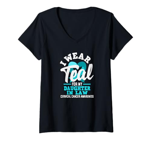 Damen I Wear Teal for My Daughter In Law Gebärmutterhalskrebs Bewusstsein T-Shirt mit V-Ausschnitt von Cervical Cancer Awareness Apparel Gifts Gift Ideas