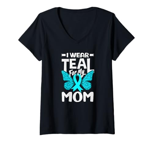 Damen I Wear Teal for My Mom Gebärmutterhalskrebs Schmetterling T-Shirt mit V-Ausschnitt von Cervical Cancer Awareness Apparel Gifts Gift Ideas