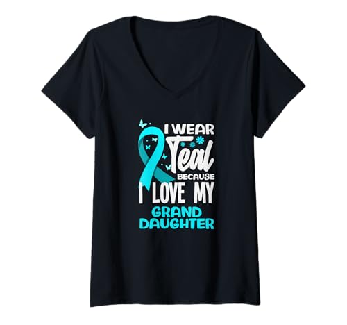 Damen Ich trage Blaugrün, Weil ich Meine Enkelin Liebe, Gebärmutterhalskrebs T-Shirt mit V-Ausschnitt von Cervical Cancer Awareness Apparel Gifts Gift Ideas