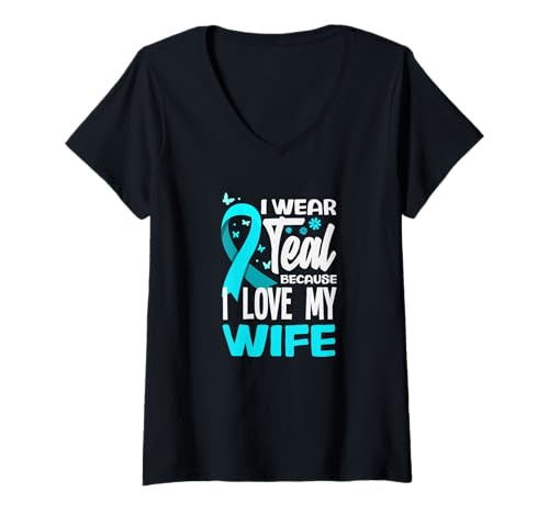 Damen Ich trage Blaugrün, Weil ich Meine Frau Liebe, Gebärmutterhalskrebs T-Shirt mit V-Ausschnitt von Cervical Cancer Awareness Apparel Gifts Gift Ideas