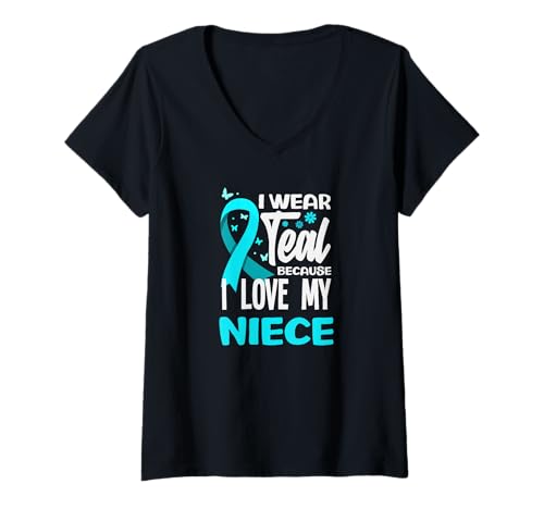 Damen Ich trage Blaugrün, Weil ich Meine Nichte Liebe, Gebärmutterhalskrebs T-Shirt mit V-Ausschnitt von Cervical Cancer Awareness Apparel Gifts Gift Ideas