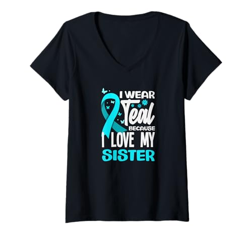 Damen Ich trage Blaugrün, Weil ich Meine Schwester Liebe, Gebärmutterhalskrebs T-Shirt mit V-Ausschnitt von Cervical Cancer Awareness Apparel Gifts Gift Ideas
