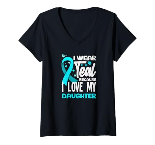 Damen Ich trage Blaugrün, Weil ich Meine Tochter Liebe, Gebärmutterhalskrebs T-Shirt mit V-Ausschnitt von Cervical Cancer Awareness Apparel Gifts Gift Ideas