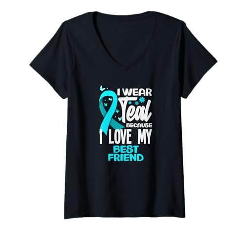 Damen Ich trage Blaugrün, Weil ich Meinen besten Freund Liebe, Gebärmutterhalskrebs T-Shirt mit V-Ausschnitt von Cervical Cancer Awareness Apparel Gifts Gift Ideas