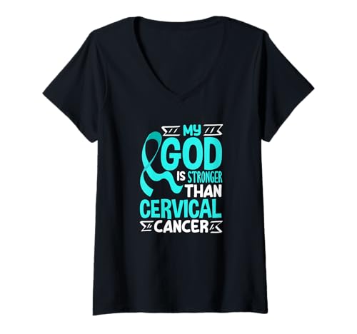Damen Mein Gott ist stärker als Gebärmutterhalskrebs T-Shirt mit V-Ausschnitt von Cervical Cancer Awareness Apparel Gifts Gift Ideas