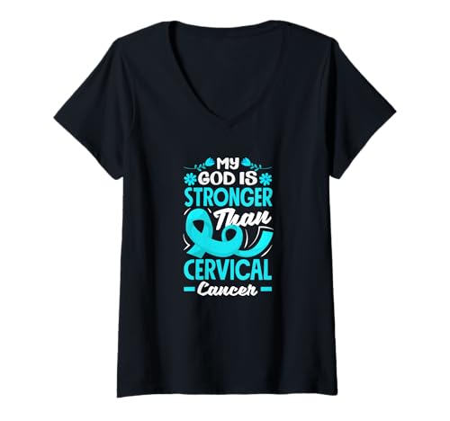 Damen Mein Gott ist stärker als Gebärmutterhalskrebs T-Shirt mit V-Ausschnitt von Cervical Cancer Awareness Apparel Gifts Gift Ideas