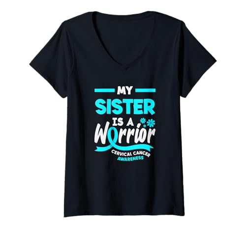 Damen My Sister is A Warrior Gebärmutterhalskrebs Bewusstsein T-Shirt mit V-Ausschnitt von Cervical Cancer Awareness Apparel Gifts Gift Ideas