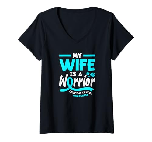 Damen My Wife is A Warrior Gebärmutterhalskrebs Bewusstsein T-Shirt mit V-Ausschnitt von Cervical Cancer Awareness Apparel Gifts Gift Ideas