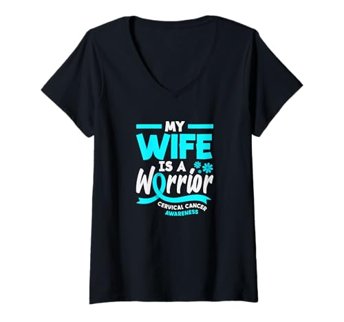 Damen My Wife is A Warrior Gebärmutterhalskrebs Bewusstsein T-Shirt mit V-Ausschnitt von Cervical Cancer Awareness Apparel Gifts Gift Ideas